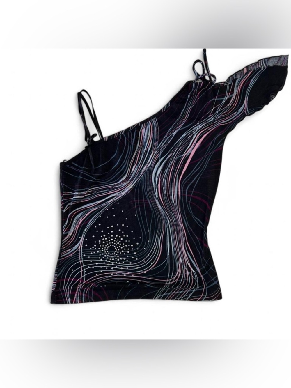Black One-Shoulder Graphic Tank with Pink & Light Blue Swirls